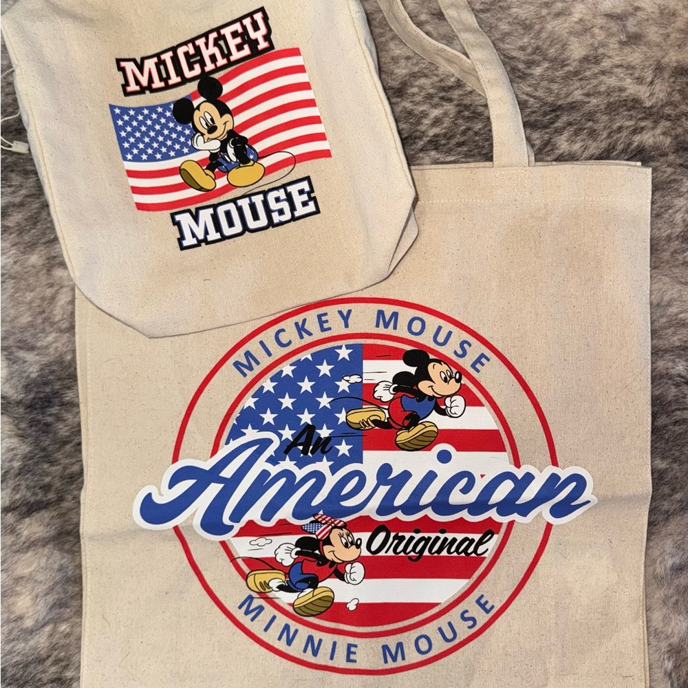 Disney Canvas Tote with Mickey & Minnie in Red, Blue, White accessory bag set